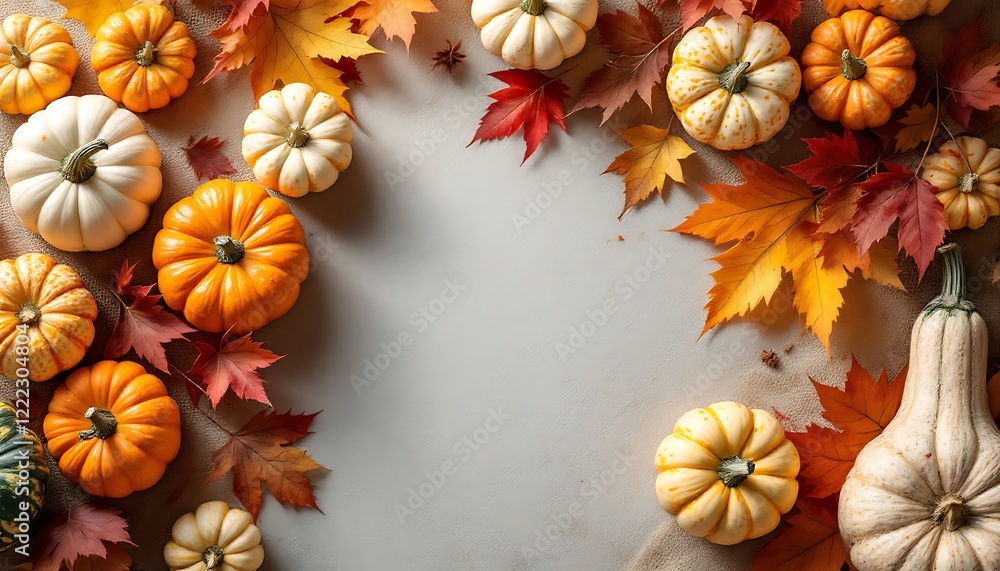 Autumn Pumpkins Gourds Maple Leaves Gray Background Design Autumn Pumpkins Gourds Maple Leaves Gray Background Design