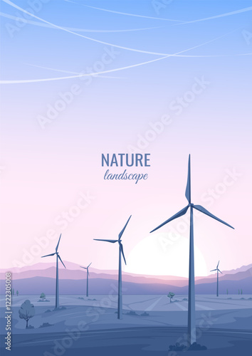 Natural mountain landscape with wind turbines on sunset background. Silhouettes of mountains and wind power generators. Green energy. Vector illustration.
