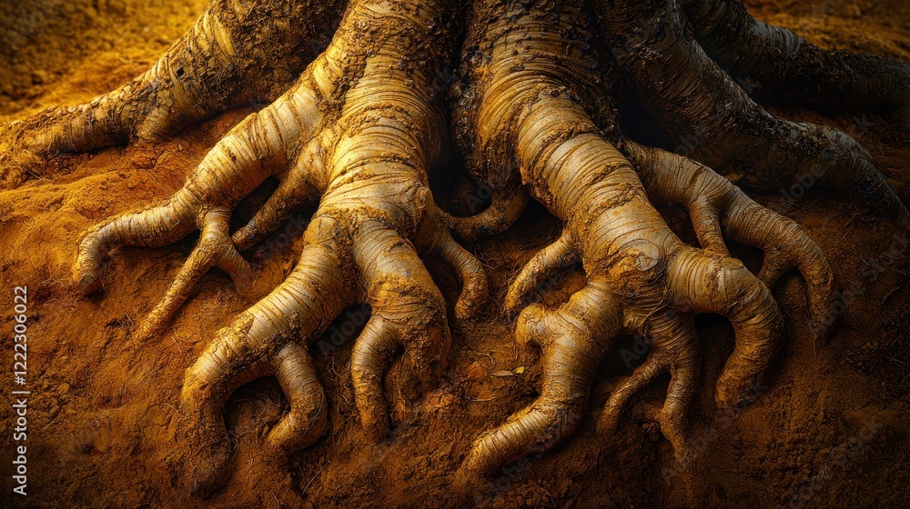 Giant tree roots, earth, sunlight, textured, background blur, nature design Giant tree roots, earth, sunlight, textured, background blur, nature design