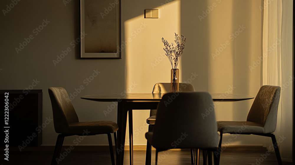 Fototapeta premium modern minimalist dining room interior with sunbeams and dried flowers