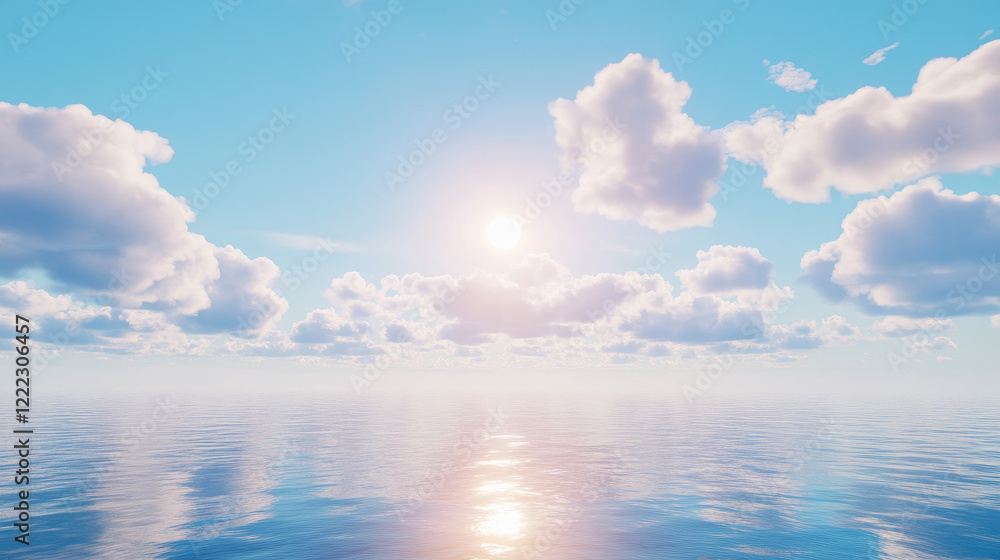 Obraz premium Anime cloud in blue heaven sky vector background. Summer abstract cloudy air design with gradient and sun light with reflection. Beautiful calm morning game outdoor panorama with sunshine painting.