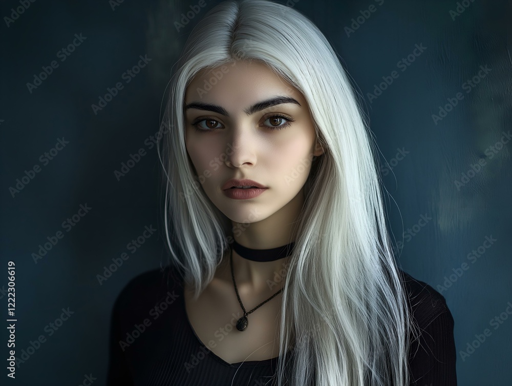 Fototapeta premium striking woman with long platinum blonde hair and a black choker against a deep blue background