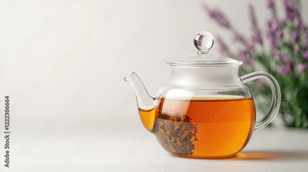 transparent teapot filled with blooming tea, showcasing vibrant colors and delicate leaves. serene setting enhances calming experience of tea time transparent teapot filled with blooming tea, showcasing vibrant colors and delicate leaves. serene setting enhances calming experience of tea time