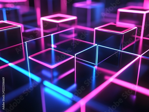 3D Abstract Shapes with Neon Lights Forming a Grid Pattern in Vibrant Pink and Blue Colors, Futuristic Digital Background with a Tech Aesthetic
