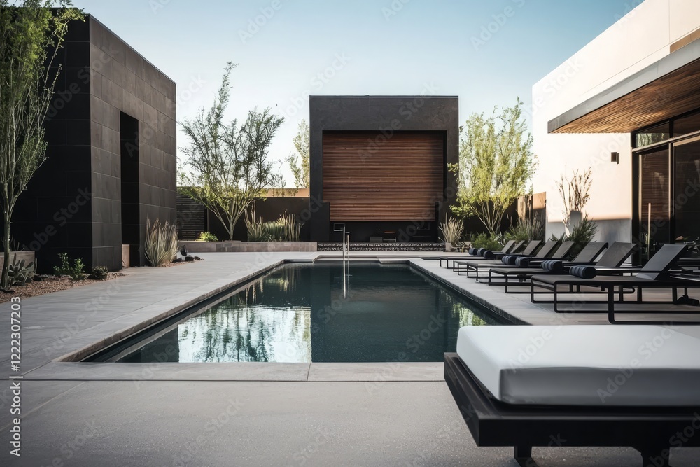 Fototapeta premium Modern black and white lawn chairs complement the elegant pool area. 