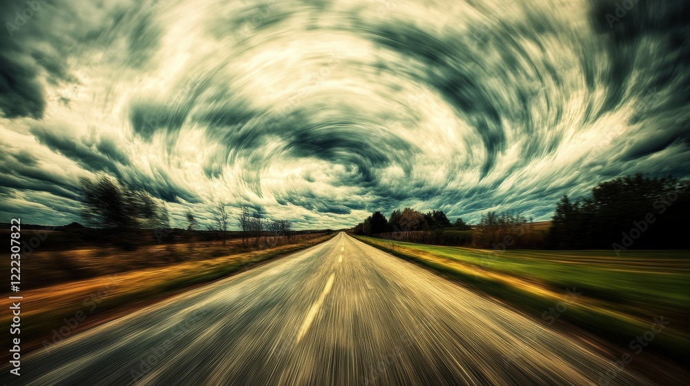 Naklejka premium Swirling Clouds Over an Open Road During a Dramatic Twilight Scene