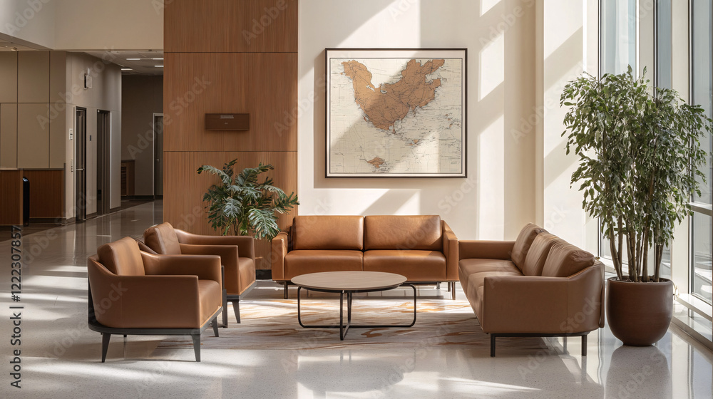 Fototapeta premium modern brown leather lobby furniture with large plant and map art in a modern office building