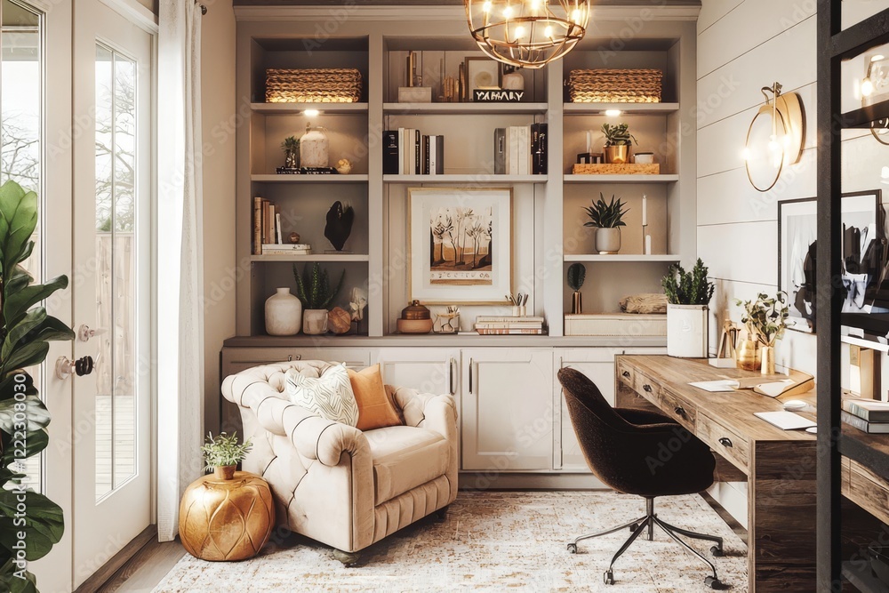 Fototapeta premium Emphasizing cozy lighting and bohemian neutral tones.
