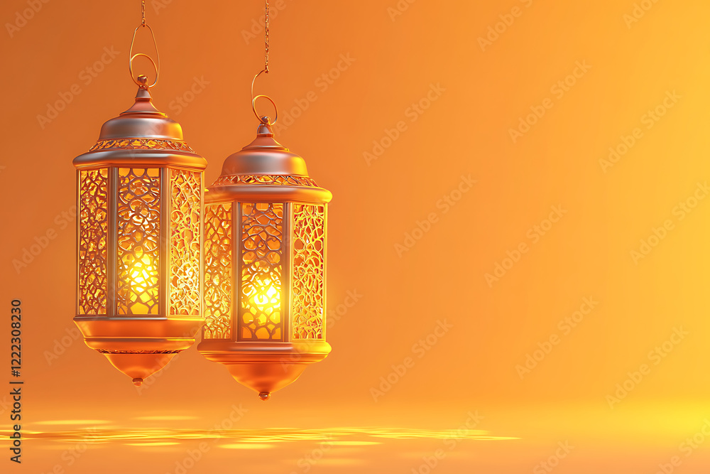 Obraz premium arabic lantern of ramadan celebration background, group of hanging Ramadan lanterns, yellow background, islamic, ramadan Kareem, eid mubarak, eid al adha, eid al fitr, 3d rendering, generative ai