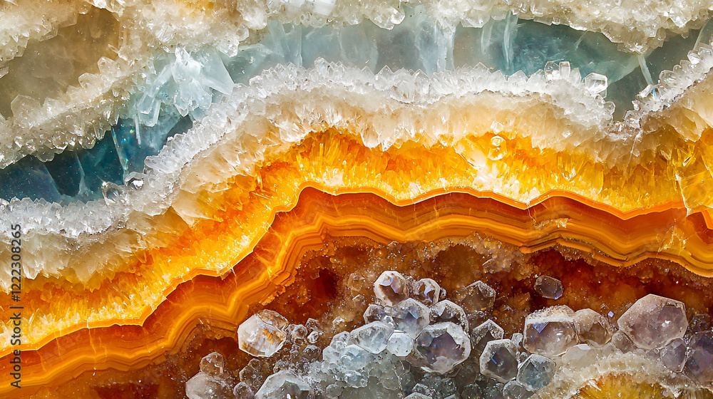 Obraz premium Close-up view of vibrant agate stone layers showcasing intricate patterns and colors in nature