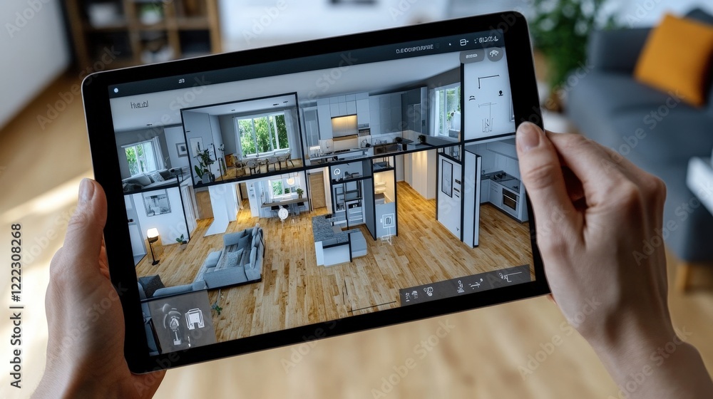 Person holding tablet displaying digital house model for real estate or architecture concept Person holding tablet displaying digital house model for real estate or architecture concept