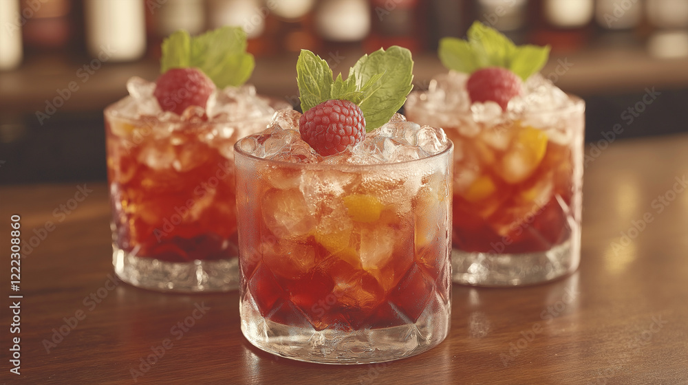 Refreshing raspberry cocktails garnished with mint and served over ice. Refreshing raspberry cocktails garnished with mint and served over ice.