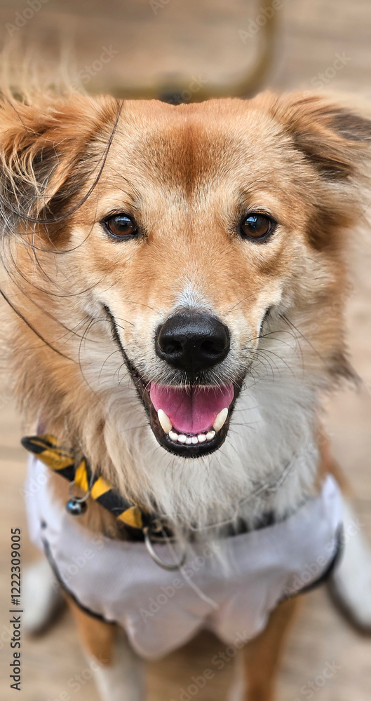 Close up of the head shot of the brown color mixed breed dog with big bright eyes