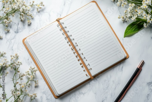 High Detail Picture of Blank Open Spring Notebook on the Empty Background Notepad Sheet photo