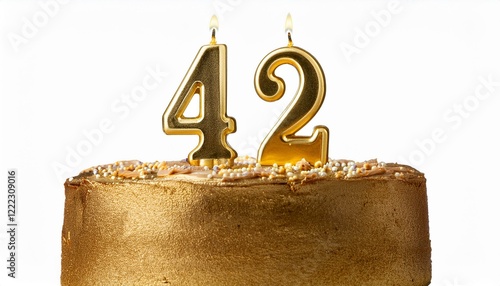 Decorated gold cake for birthday or anniversary party, candle number 42, white background photo