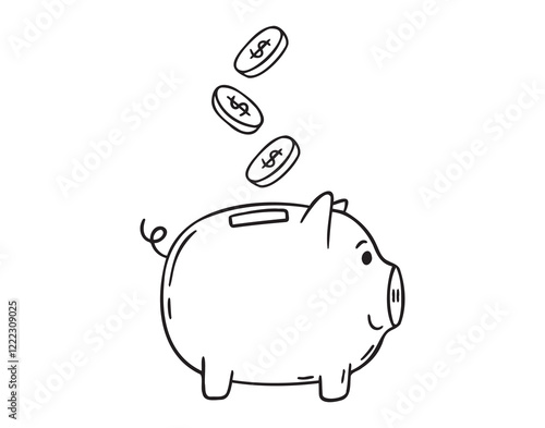 Bank piggy with coins doodle hand drawn icon. Outline drawing coin piggy bank line clipart symbol