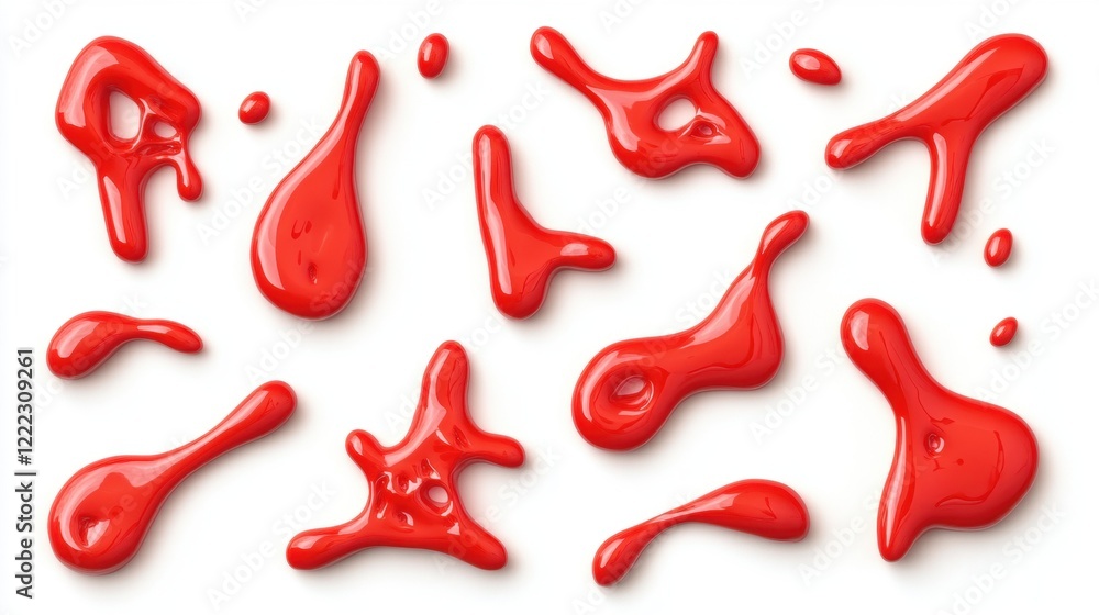 Vibrant Red Paint Drops and Splashes on White Surface Background Vibrant Red Paint Drops and Splashes on White Surface Background
