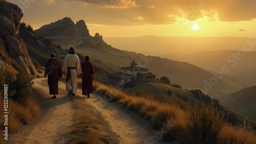 Road to Emmaus at dusk, featuring the resurrected Jesus and two disciples. Bible stories. Easter resurrection holiday.
