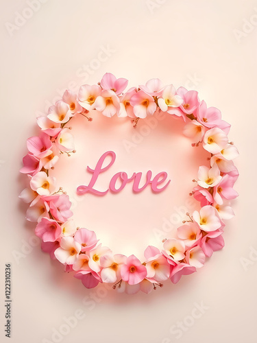 wreath of flowers on a light background, the word love 