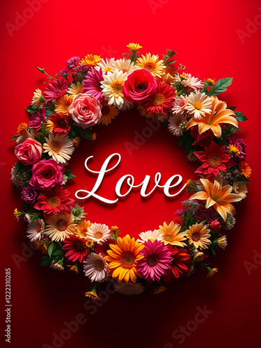 wreath of flowers on a light background, the word love 