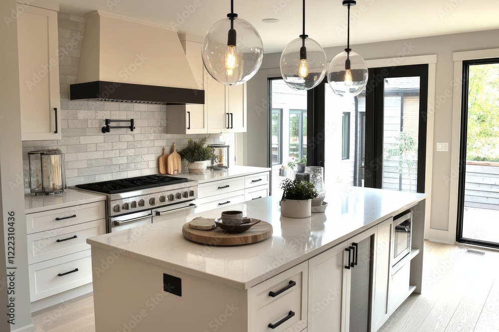 Stylish white marble kitchen featuring contemporary design elements. Stylish white marble kitchen featuring contemporary design elements.
