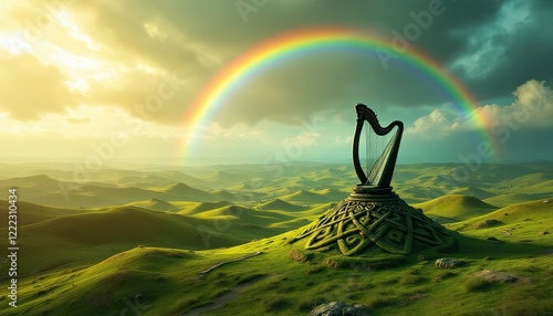 Magical harp on celtic mound with vibrant rainbow over rolling green hills