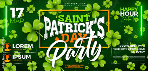 Saint Patrick's Day Party Banner Illustration with Falling Clover Leaves on Irish Green Background. Traditional St. Patricks Day Lucky Celebration Vector Design for Flyer, Greeting Card, Web Banner