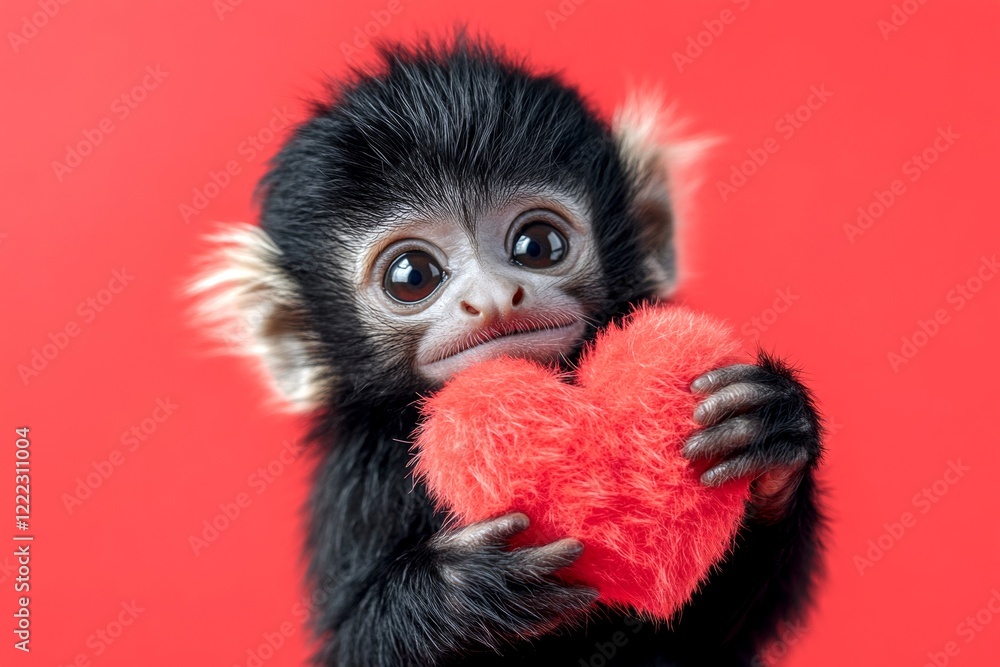 Digital ads concept depiction. Promotion concept. Tamarin - my beloved animal. Cute tamarin baby with fluffy red heart - sign of love, funny greeting card. Valentine's zoo theme. Digital ads concept depiction. Promotion concept. Tamarin - my beloved animal. Cute tamarin baby with fluffy red heart - sign of love, funny greeting card. Valentine's zoo theme.