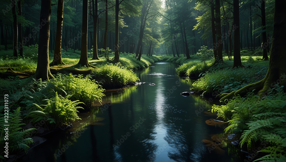 Fototapeta premium A small river meanders through the forest. Forest view