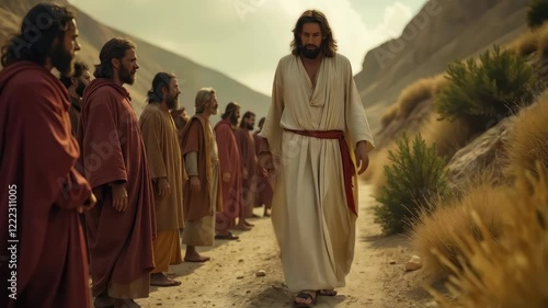 Resurrected Jesus, reveals himself to the disciples in a moment of awe and recognition. Bible stories. Easter resurrection holiday.