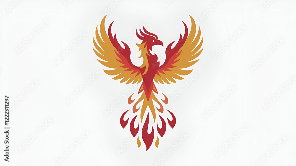 Fototapeta premium A white isolated background PNG image of a red fire phoenix. The phoenix is made of orange and yellow flames, with its wings spread wide. The background is pure white. The style is flat illustrativ