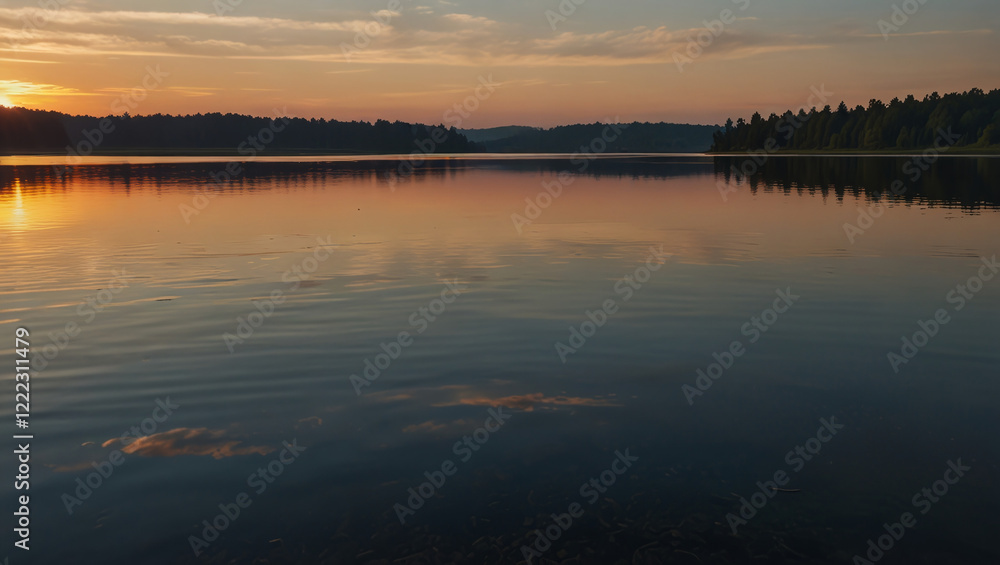 Obraz premium Peaceful sunset over a calm lake with calm air and serene atmosphere