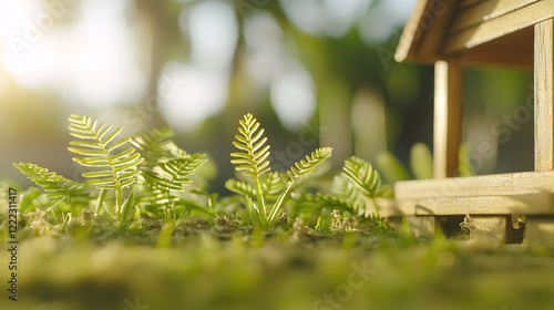 Tiny wooden house nestled amongst vibrant green sprouts bathed in sunlight. A scene of serenity and new beginnings. photo