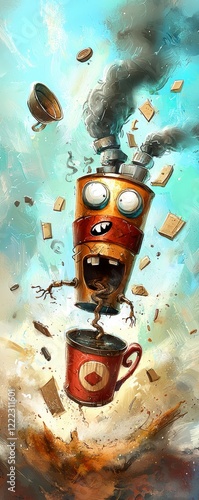 Exciting coffee monster eruption fantasy world digital art colorful atmosphere dynamic perspective playful concept photo