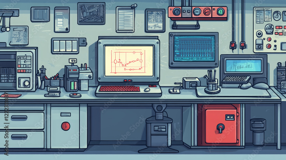 Underground bunker, scientific laboratory for secret project research. Headquarters base control room or command post with open vault door, information screen, red button Cartoon vector illustration Underground bunker, scientific laboratory for secret project research. Headquarters base control room or command post with open vault door, information screen, red button Cartoon vector illustration