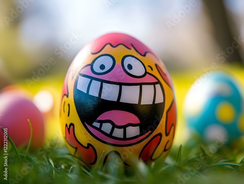 vibrantly colored easter egg with expressive smiling face against a colorful background photo