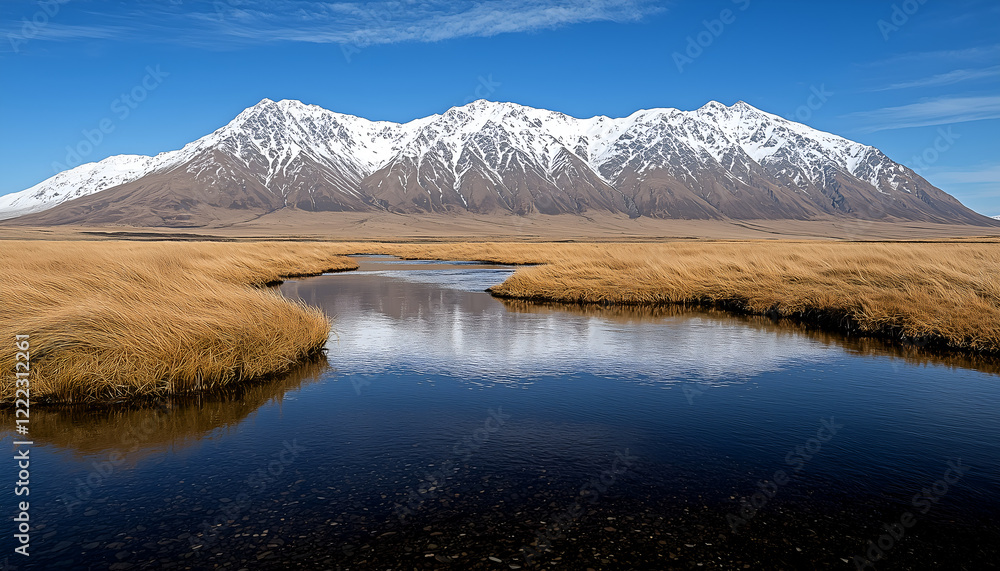 A serene landscape featuring snow-capped mountains, golden grasslands, and a reflective body of water under a clear blue sky. A serene landscape featuring snow-capped mountains, golden grasslands, and a reflective body of water under a clear blue sky.