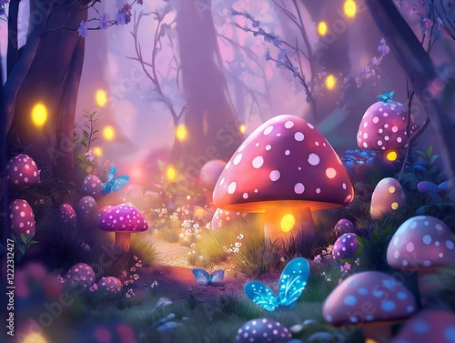 whimsical forest clearing with glowing mushrooms and magical ambiance photo