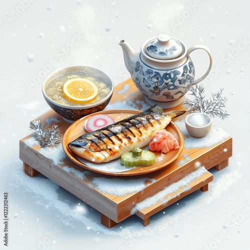 3D isometric scene capturing a quiet winter atmosphere. On a wooden table, a plate of grilled fish filet, garnished with a slice of lemon and a small pile of pickled radish photo