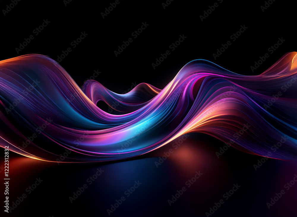 Abstract image of vibrant, flowing, iridescent waves against a dark background. The dynamic curves and luminous colors create a sense of movement and energy. Abstract image of vibrant, flowing, iridescent waves against a dark background. The dynamic curves and luminous colors create a sense of movement and energy.
