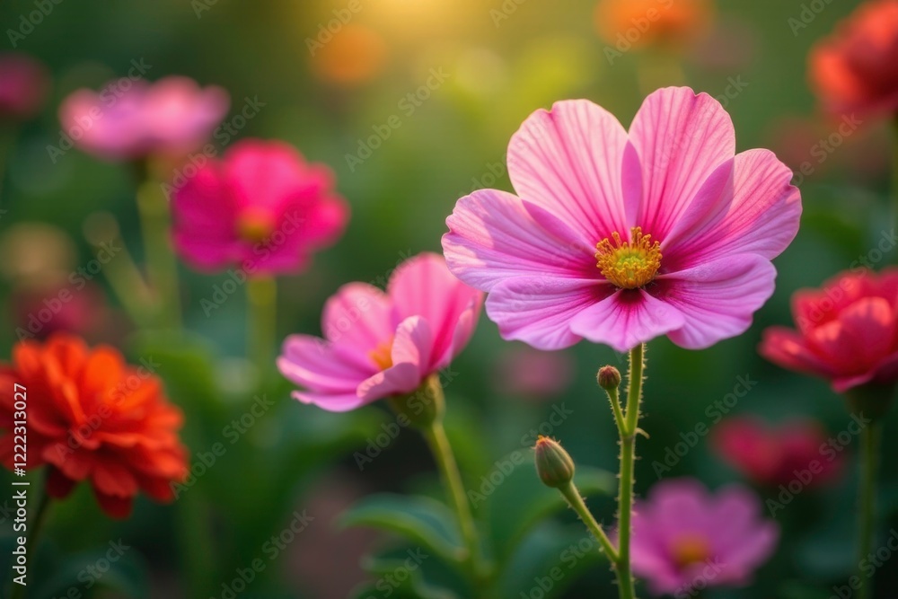 Pink mallow flowers in full bloom among other flowers, gardening, botanical Pink mallow flowers in full bloom among other flowers, gardening, botanical