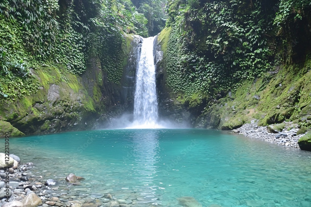 Naklejka premium Serene waterfall cascading into a turquoise pool surrounded by lush greenery in a tropical forest