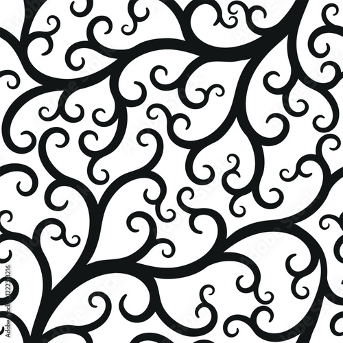 Vector black doodle vintage curls seamless pattern. Floral organic background. For textiles, wallpaper and packaging. Transparent background