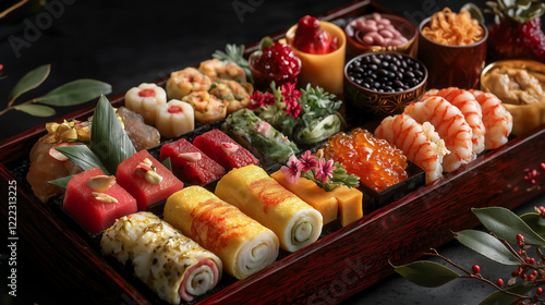 A beautifully arranged Japanese New Year celebration featuring traditional osechi-ryori foods displayed on a lacquered wooden tray, with elegant red and gold details. photo