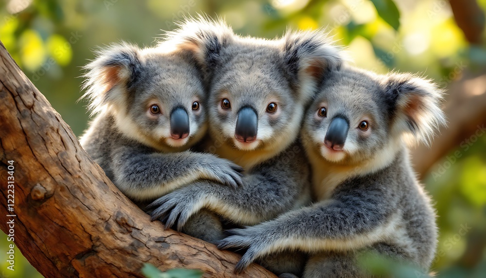 Adorable Koala Trio Cuddling On Tree Branch Sunny Daytime Outdoors Adorable Koala Trio Cuddling On Tree Branch Sunny Daytime Outdoors
