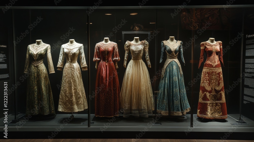Fototapeta premium A collection of elegant vintage dresses displayed in a glass case, showcasing intricate designs and a variety of colors.