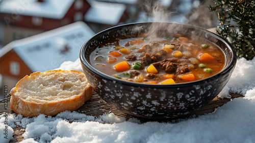 An outdoor winter scene featuring a bowl of steaming German goulash soup on a snow-covered wooden table. filled with hearty beef and vegetables in a rich-vibrant broth photo