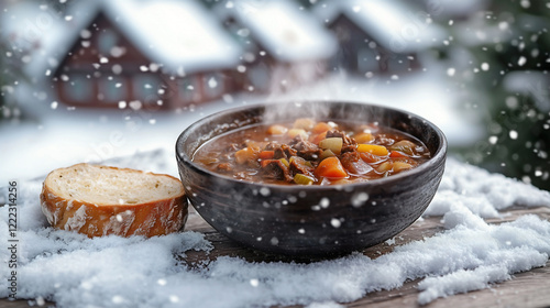 An outdoor winter scene featuring a bowl of steaming German goulash soup on a snow-covered wooden table. filled with hearty beef and vegetables in a rich-vibrant broth photo