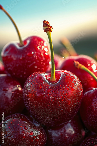 A freshly picked pile of deep red cherries, highlight on their plump, juicy texture. photo