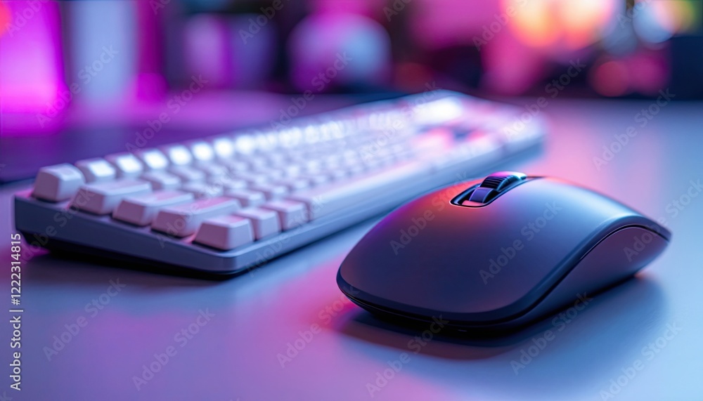 Modern computer mouse and keyboard on a desk with neon lighting Modern computer mouse and keyboard on a desk with neon lighting